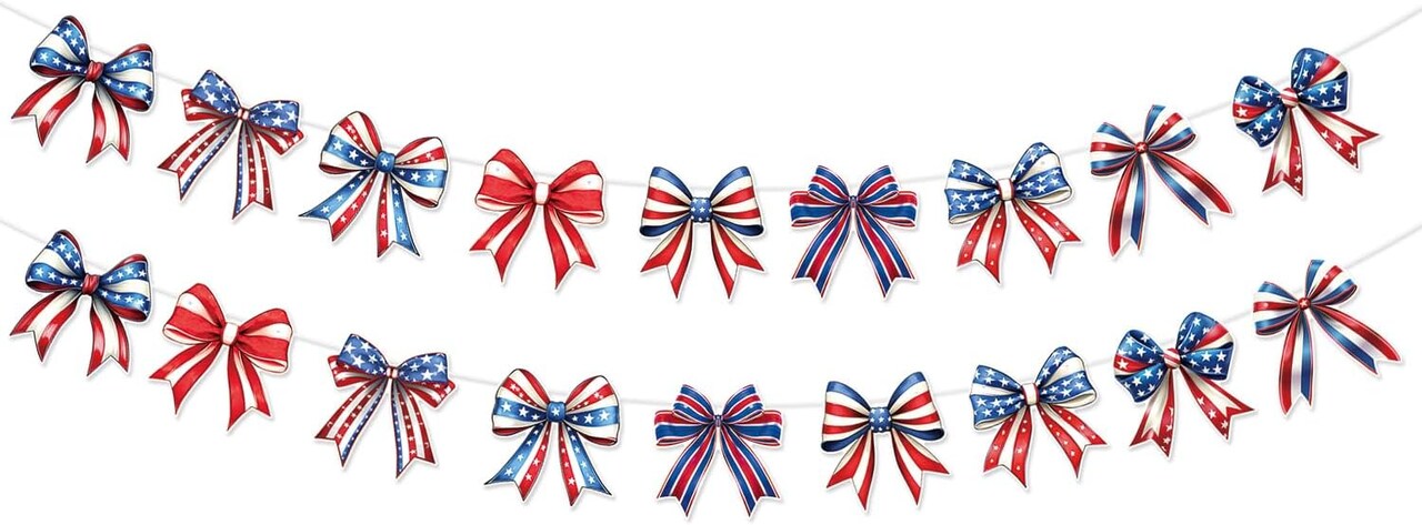 Patriotic Bows Banner Garland for 4th of July Decorations,Red White Blue Girly 4th of July Bows Banner for Patriotic,Independence Day,Memorial Day,Veteran's Day Indoor Outdoor Decorations 1SDLQ